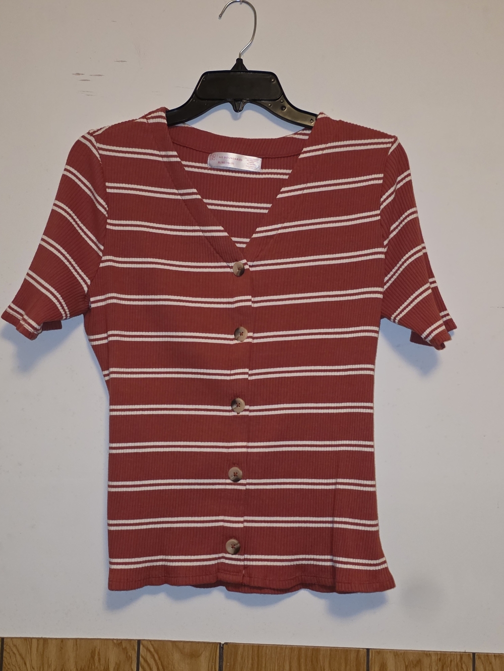 No Boundaries Rust Red and White Striped Button-Front Top